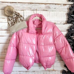 Pink Puffer Jacket with Leopard Print Beanie